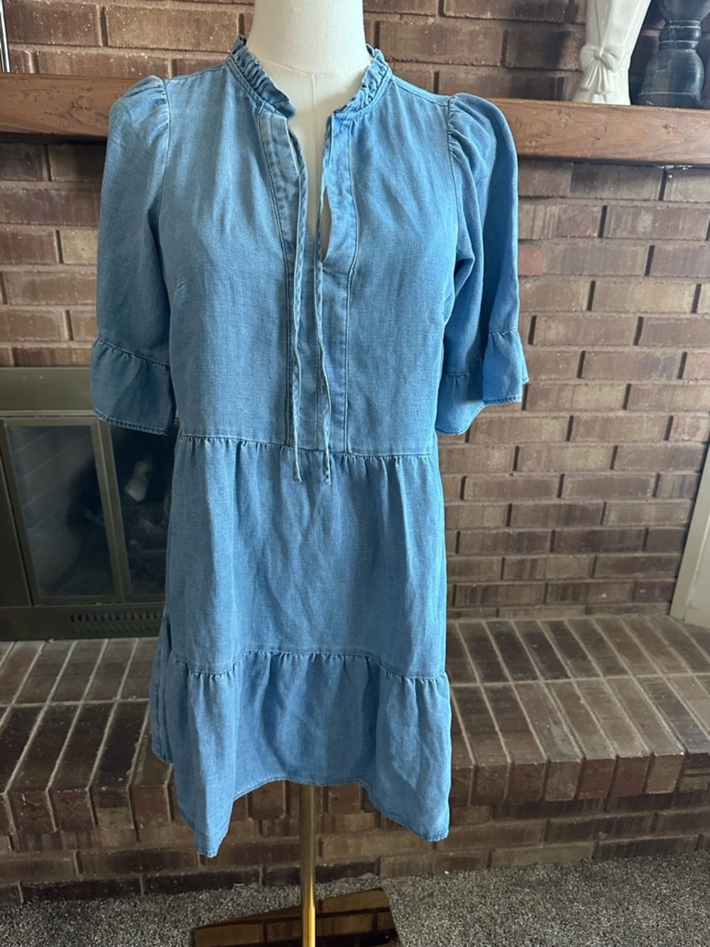 NWOT LOFT Chambray Tiered Swing Dress XS Coastal Cottagecore Boho